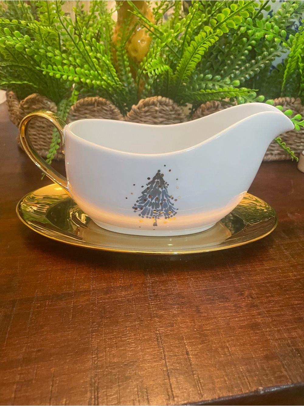 Gold-Trim White Gravy Boat with Tree Motif